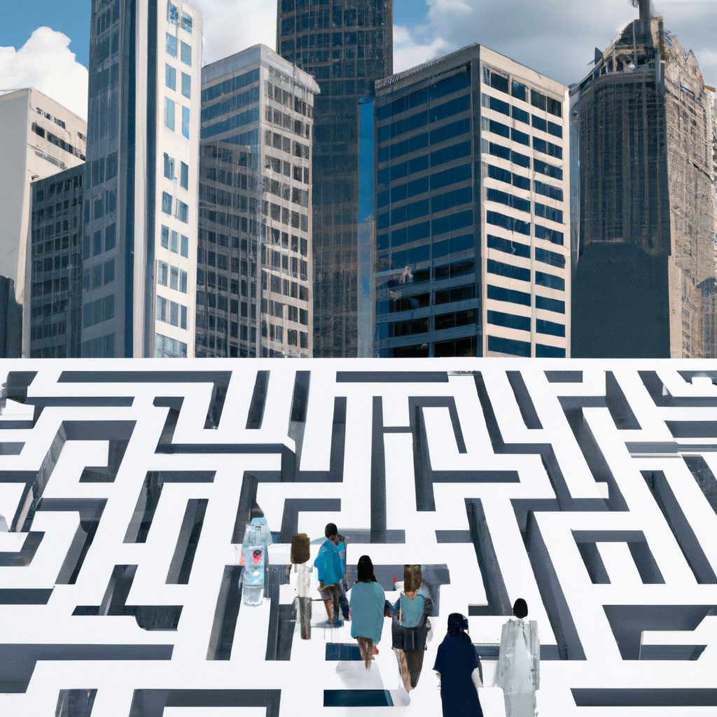 An image showcasing a diverse group of individuals in Atlanta, confidently navigating through a maze-like cityscape adorned with iconic landmarks